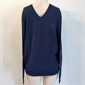 Polo Ralph Lauren Navy Blue V-Neck Cotton Sweater Large
